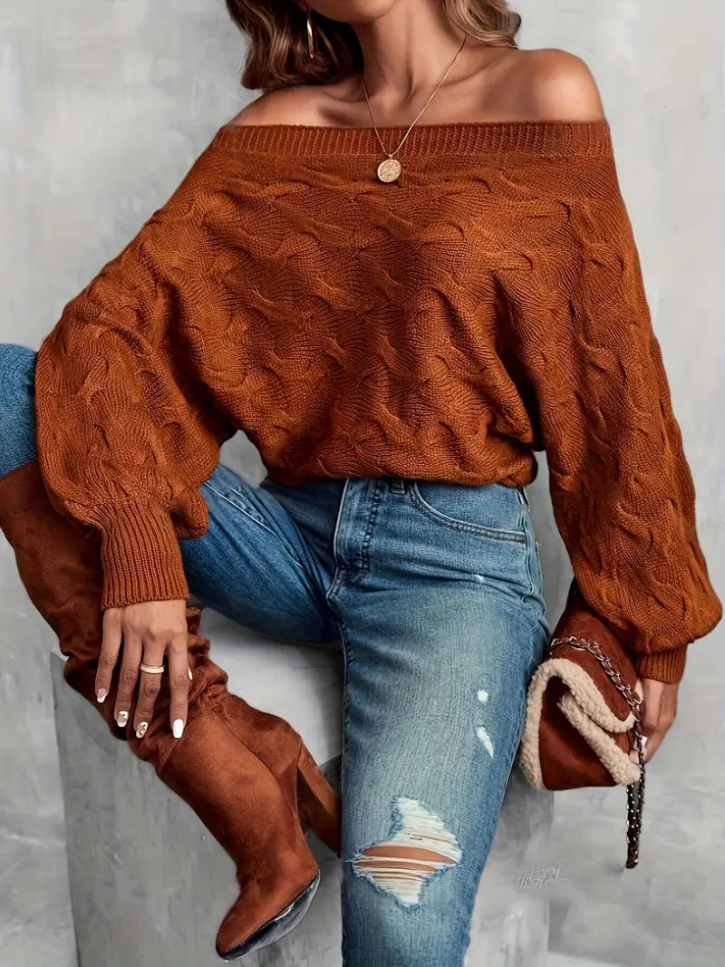 Elegant Off-Shoulder Solid Color Sweater for Women - Perfect Long Sleeve Fashion for Fall and Winter