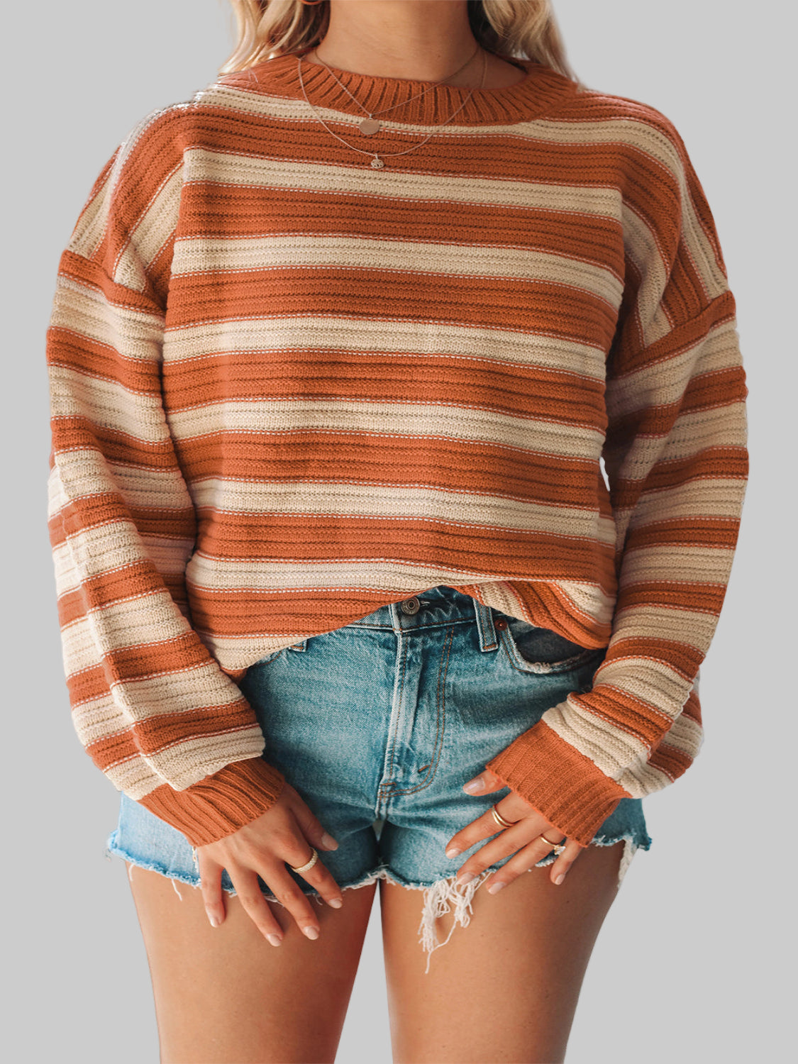 Orange Striped Ribbed Trim Drop Shoulder Sweater