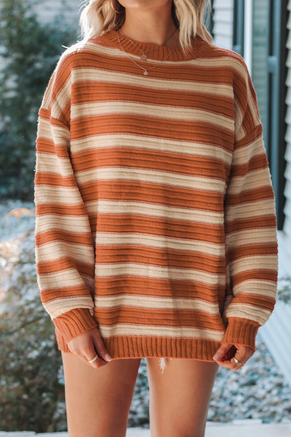Orange Striped Ribbed Trim Drop Shoulder Sweater
