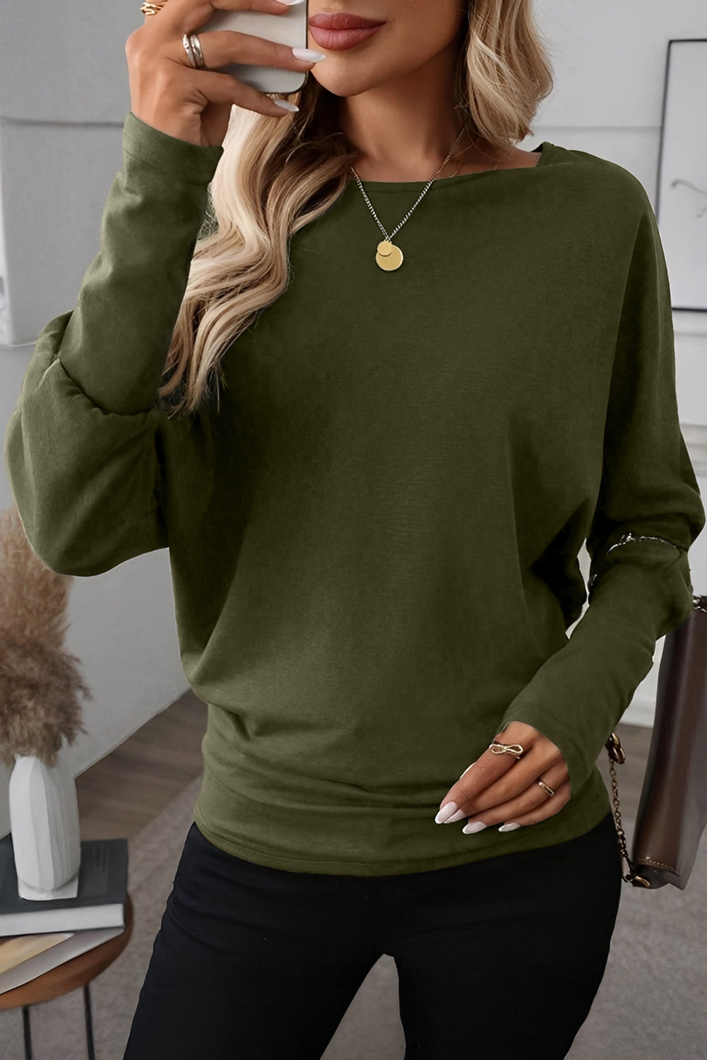 Green Solid Color Round Neck Dolman Sleeve Top
