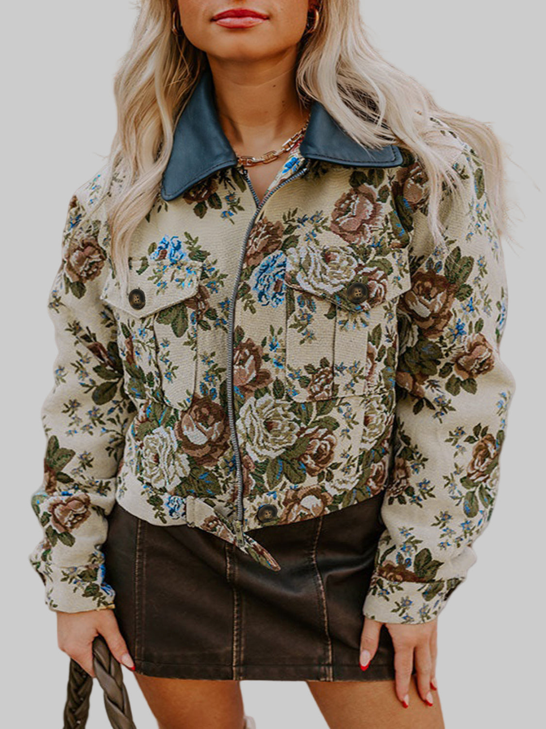 Khaki Floral Print Zip Up Contrast Collared Jacket