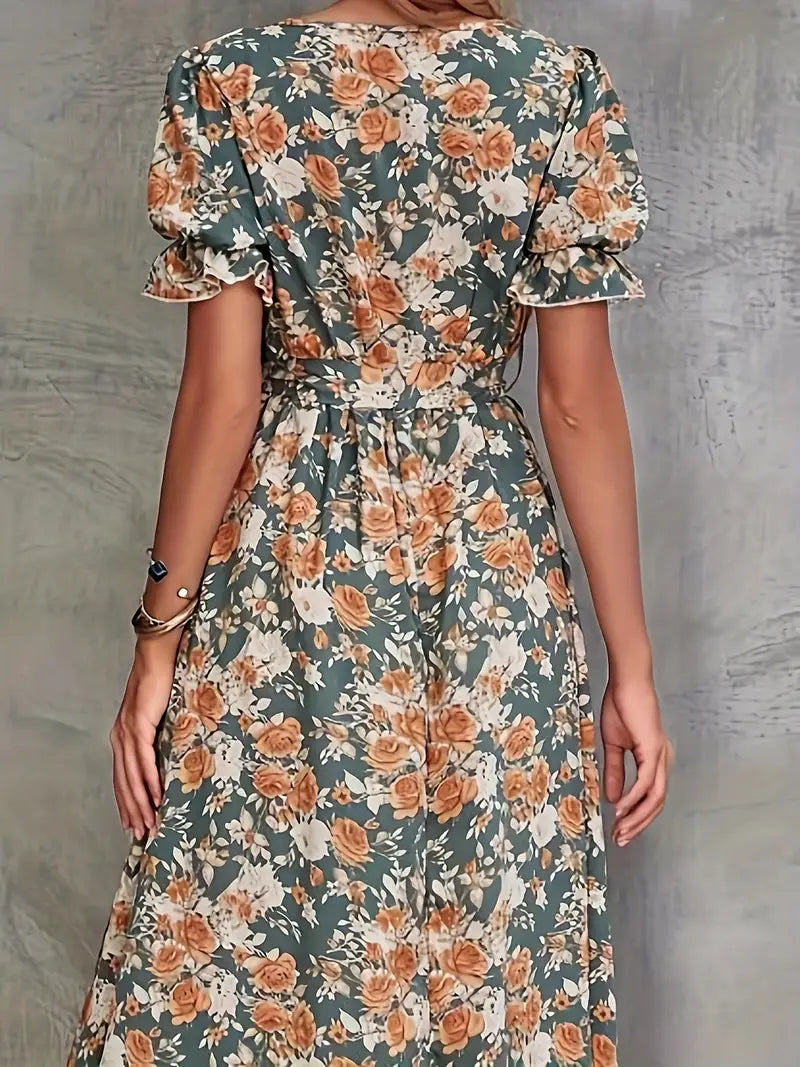 Flower Print V-neck Short-sleeved Slit Long Skirt Dress