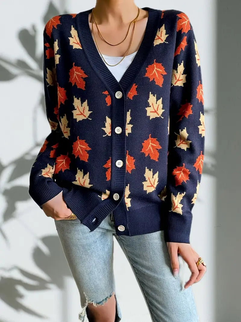 Women's Casual V-Neck Maple Leaf Pattern Cardigan Sweater for Fall & Winter