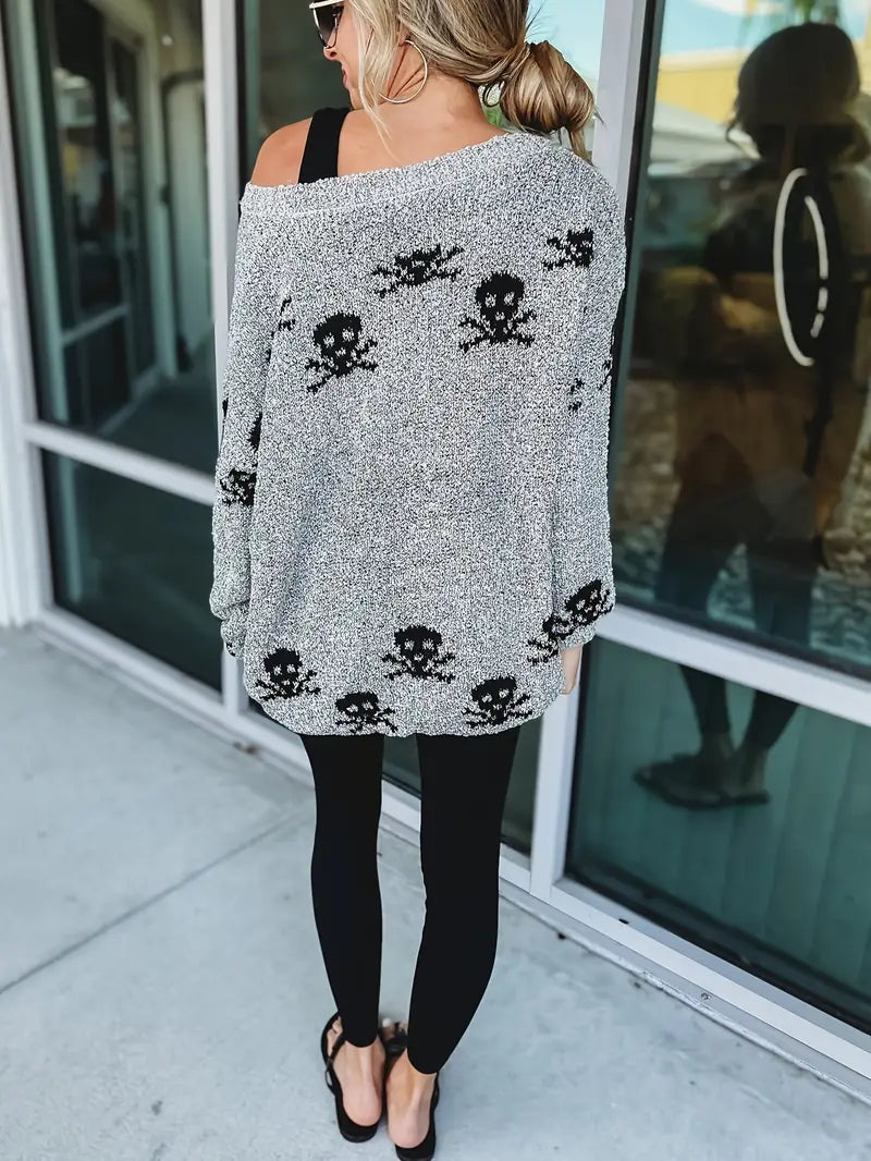 Cozy Skull Heart Crochet Sweater for Women: Chic One-Shoulder Pullover with Stretchy Comfort and Unique Back Design
