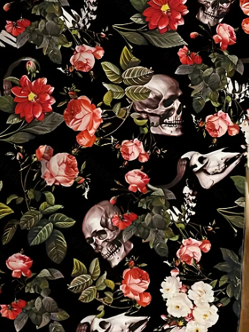 Floral Skull Print Long Sleeve Button-Up Shirt