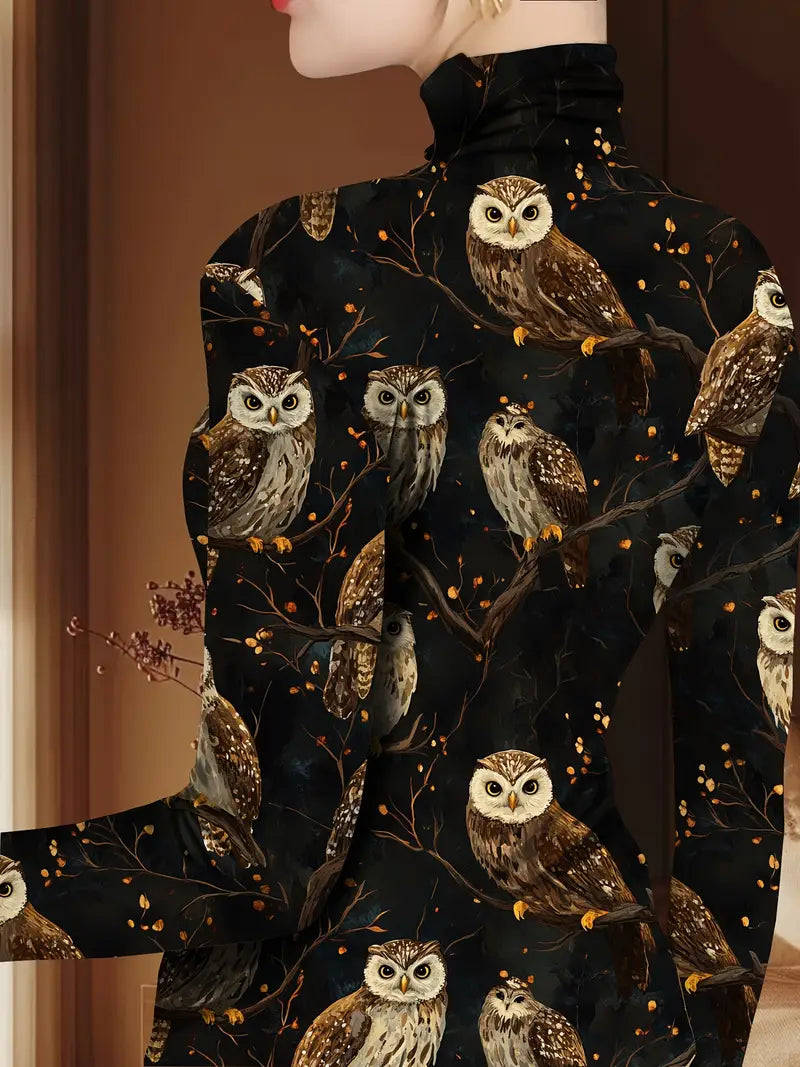Elegant Women's High Neck Owl Print Blouse - Long Sleeve Animal Pattern Top in Soft Polyester