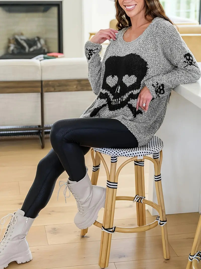 Cozy Skull Heart Crochet Sweater for Women: Chic One-Shoulder Pullover with Stretchy Comfort and Unique Back Design