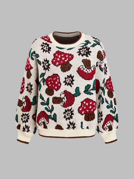 Vintage-Inspired Elegant Mushroom Pattern Sweater for Women - Cozy Fall/Winter Pullover with Contrast Binding