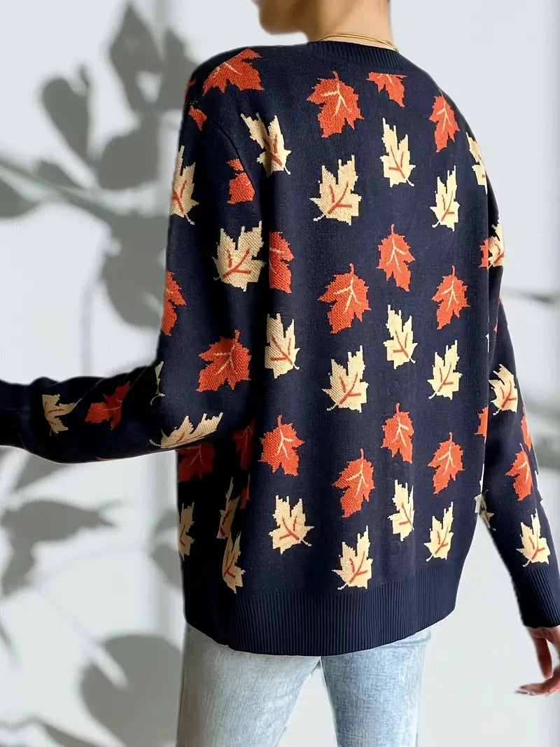 Women's Casual V-Neck Maple Leaf Pattern Cardigan Sweater for Fall & Winter