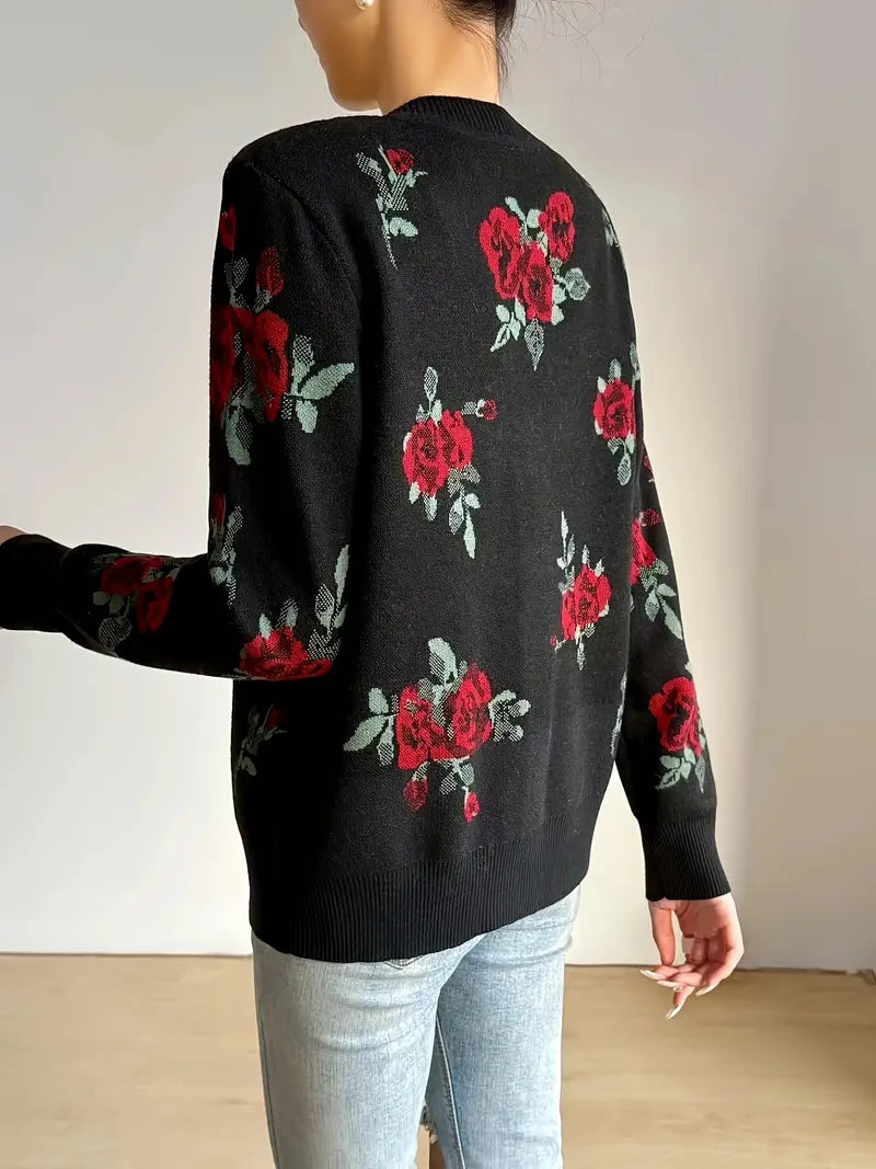 Floral Knit Cardigan for Women - Casual V-Neck Button-Up Sweater for Fall & Winter