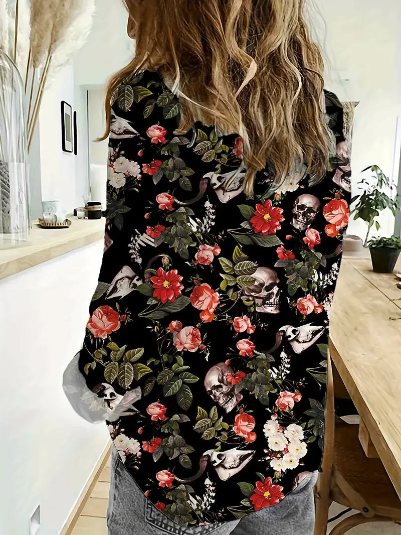 Floral Skull Print Long Sleeve Button-Up Shirt