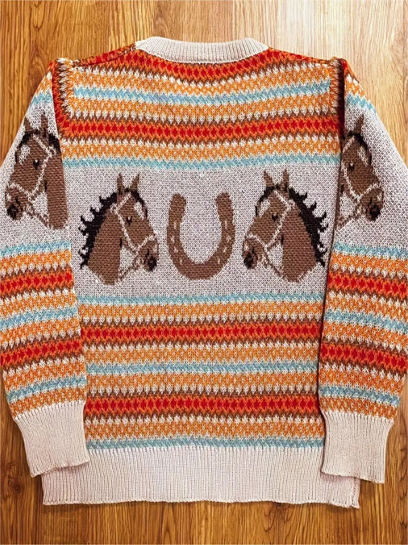 Horse Pattern Crew Neck Pullover Sweater for Women - Casual Long Sleeve Loose Fit Fashion