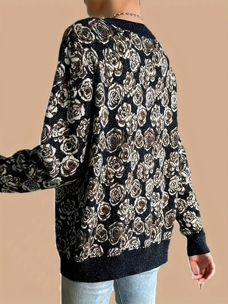Elegant Floral Knit Cardigan with Button Detail - Cozy V-Neck Long Sleeve for Fall/Winter