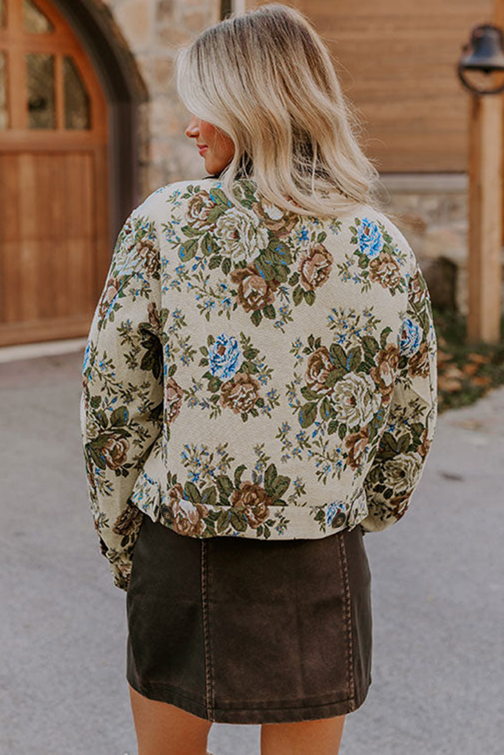 Khaki Floral Print Zip Up Contrast Collared Jacket