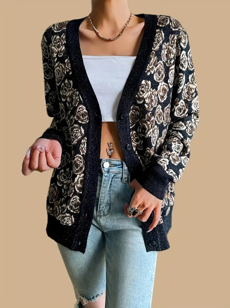 Elegant Floral Knit Cardigan with Button Detail - Cozy V-Neck Long Sleeve for Fall/Winter