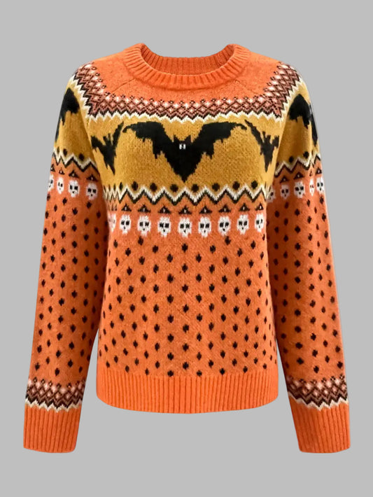 Women's Cozy Bat Jacquard Pullover - Stylish Long Sleeve Top in Orange, Black & White for Fall/Winter