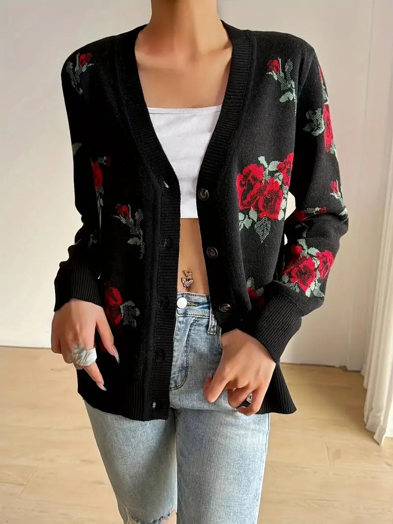 Floral Knit Cardigan for Women - Casual V-Neck Button-Up Sweater for Fall & Winter