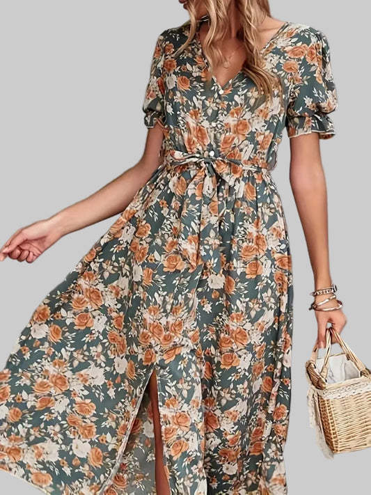 Flower Print V-neck Short-sleeved Slit Long Skirt Dress