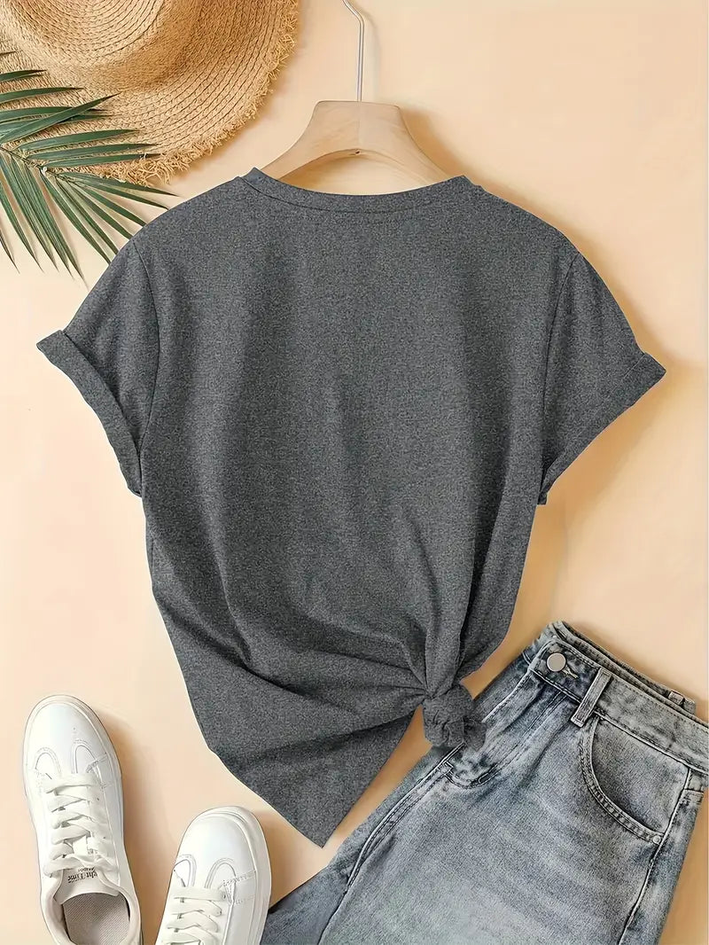 Soft English Letters Printed Round Neck T-Shirt for Fun Daily Wear