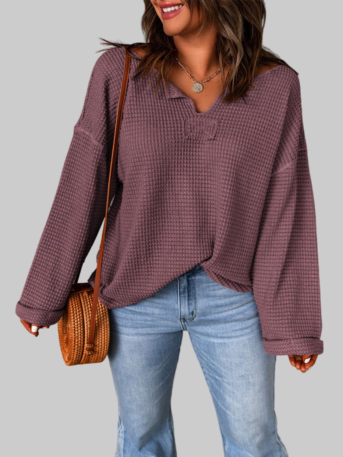 Purple Waffle Knit Split V Neck Drop Shoulder Long Sleeve Top