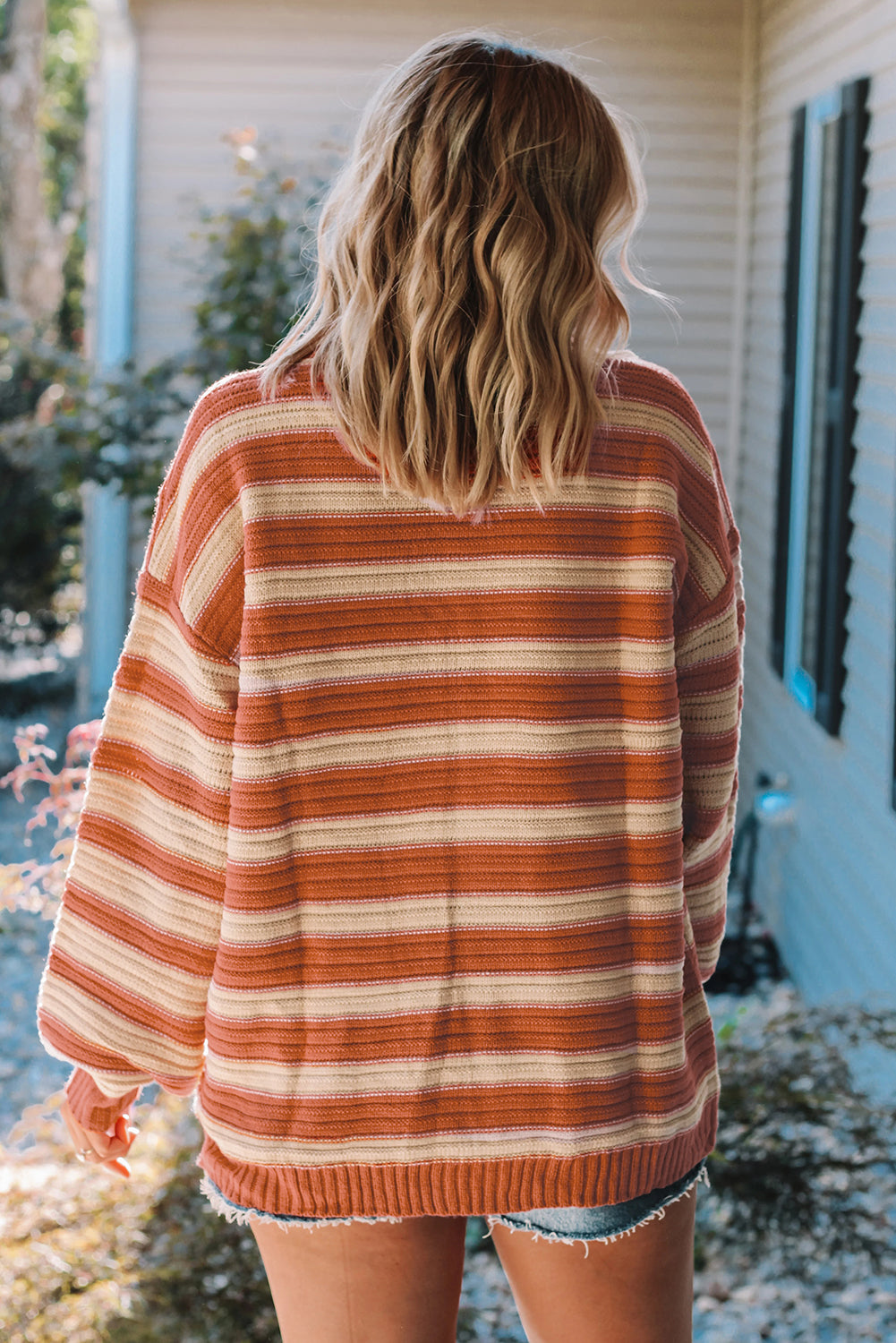 Orange Striped Ribbed Trim Drop Shoulder Sweater