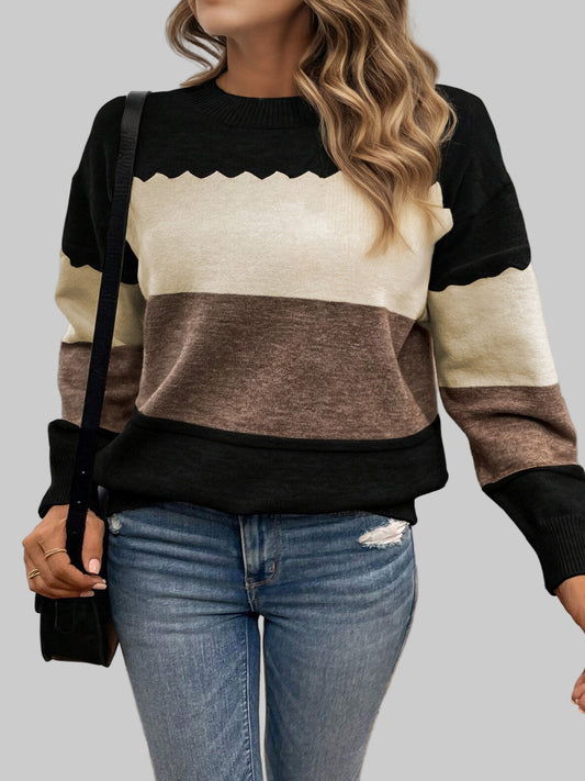 Black Colorblock Crew Neck Drop Shoulder Sweater
