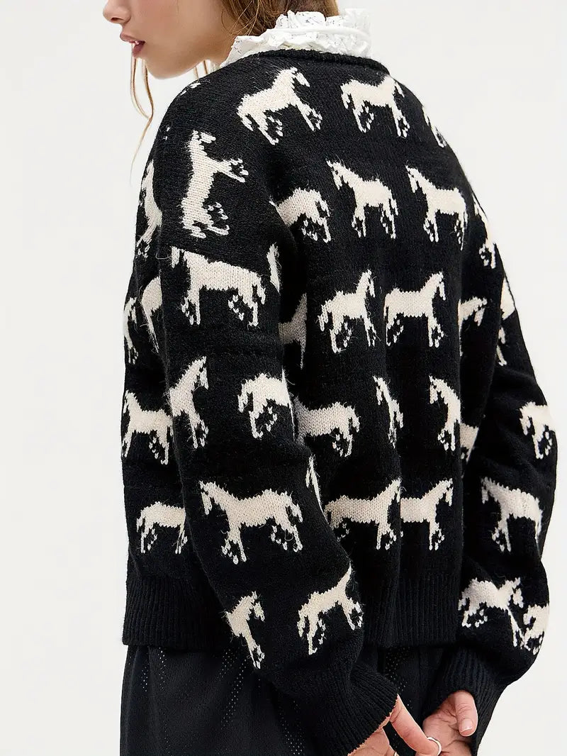 Cozy Black and White Horse Pattern Button Down Sweater