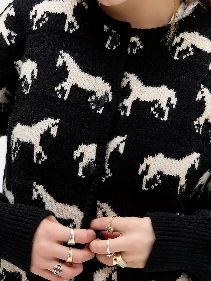 Cozy Black and White Horse Pattern Button Down Sweater