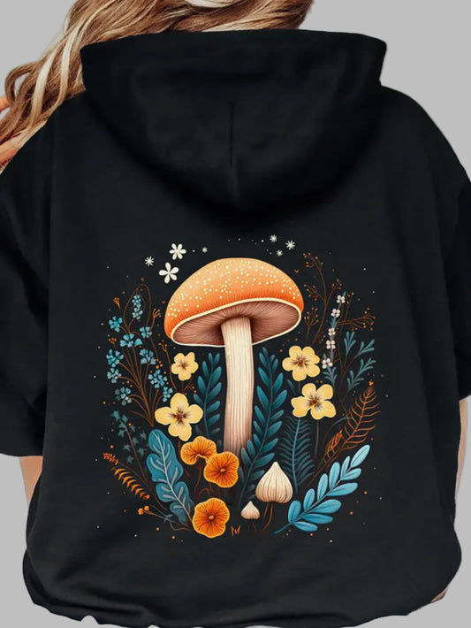 Black Floral Mushroom Print Hooded Sweatshirt for Autumn-Winter
