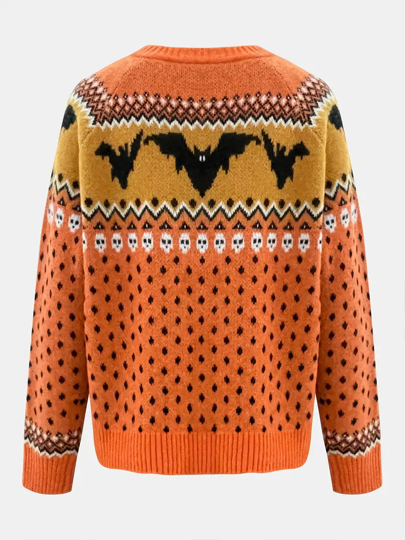 Women's Cozy Bat Jacquard Pullover - Stylish Long Sleeve Top in Orange, Black & White for Fall/Winter