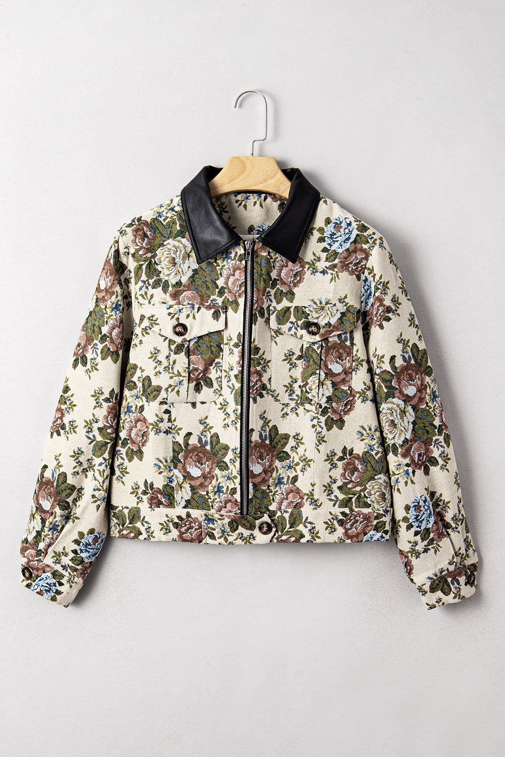 Khaki Floral Print Zip Up Contrast Collared Jacket