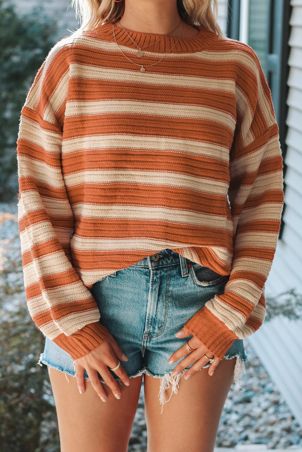 Orange Striped Ribbed Trim Drop Shoulder Sweater