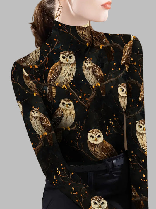 Elegant Women's High Neck Owl Print Blouse - Long Sleeve Animal Pattern Top in Soft Polyester